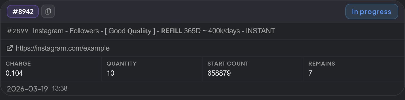 Order in progress showing live quantity, start count, and remains