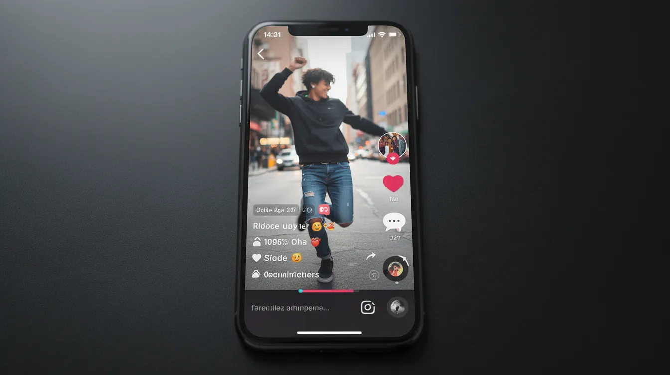 这张图片展示了一部智能手机，屏幕上播放着 TikTok 视频动态，显示了心形图标和评论等互动指标，反映了用户的参与情况。画面中可以感受到 tk 刷粉 的社交媒体氛围。