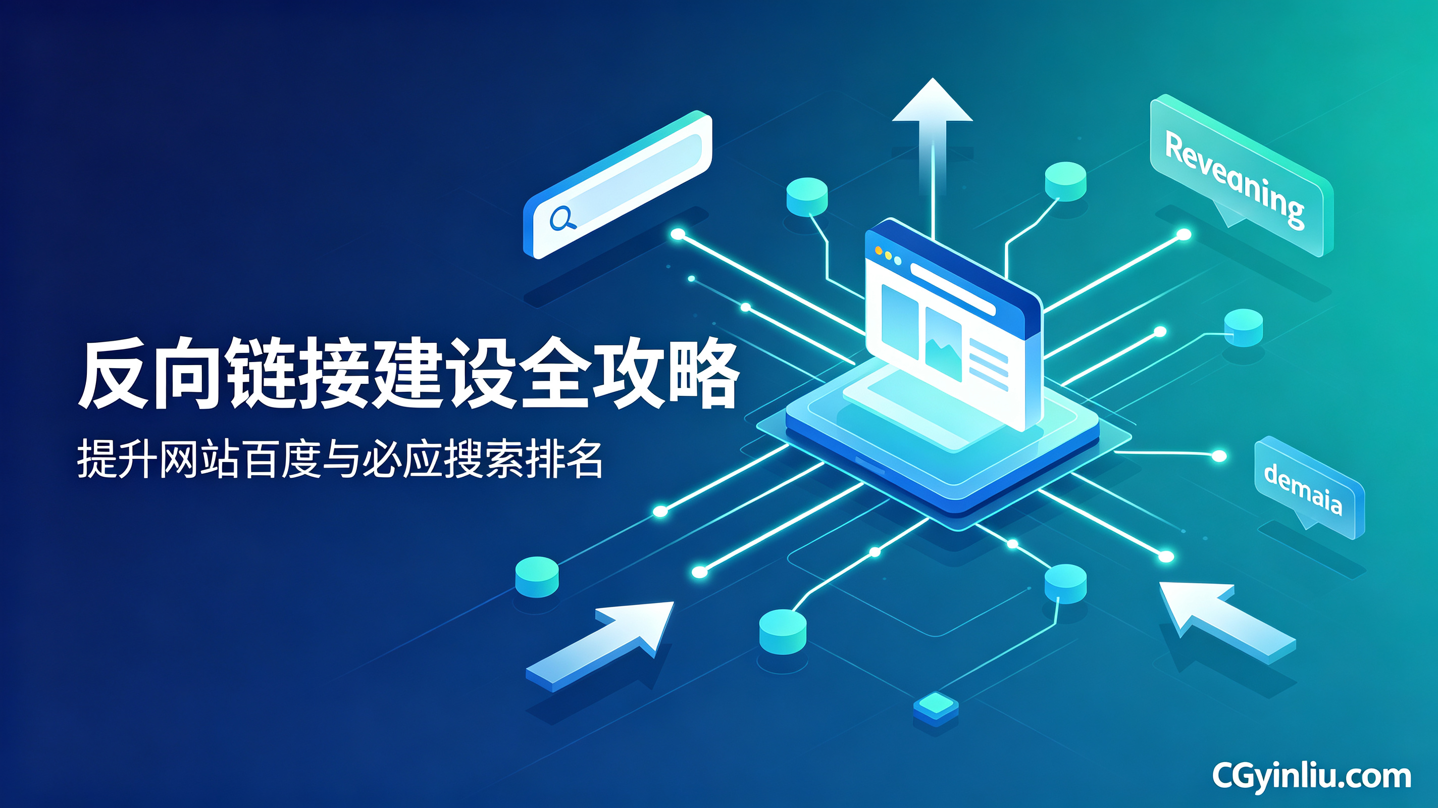 SEO 外链建设示意图，展示反向链接、网站域名、搜索排名与网络连接关系，帮助提升百度和必应网站排名。
