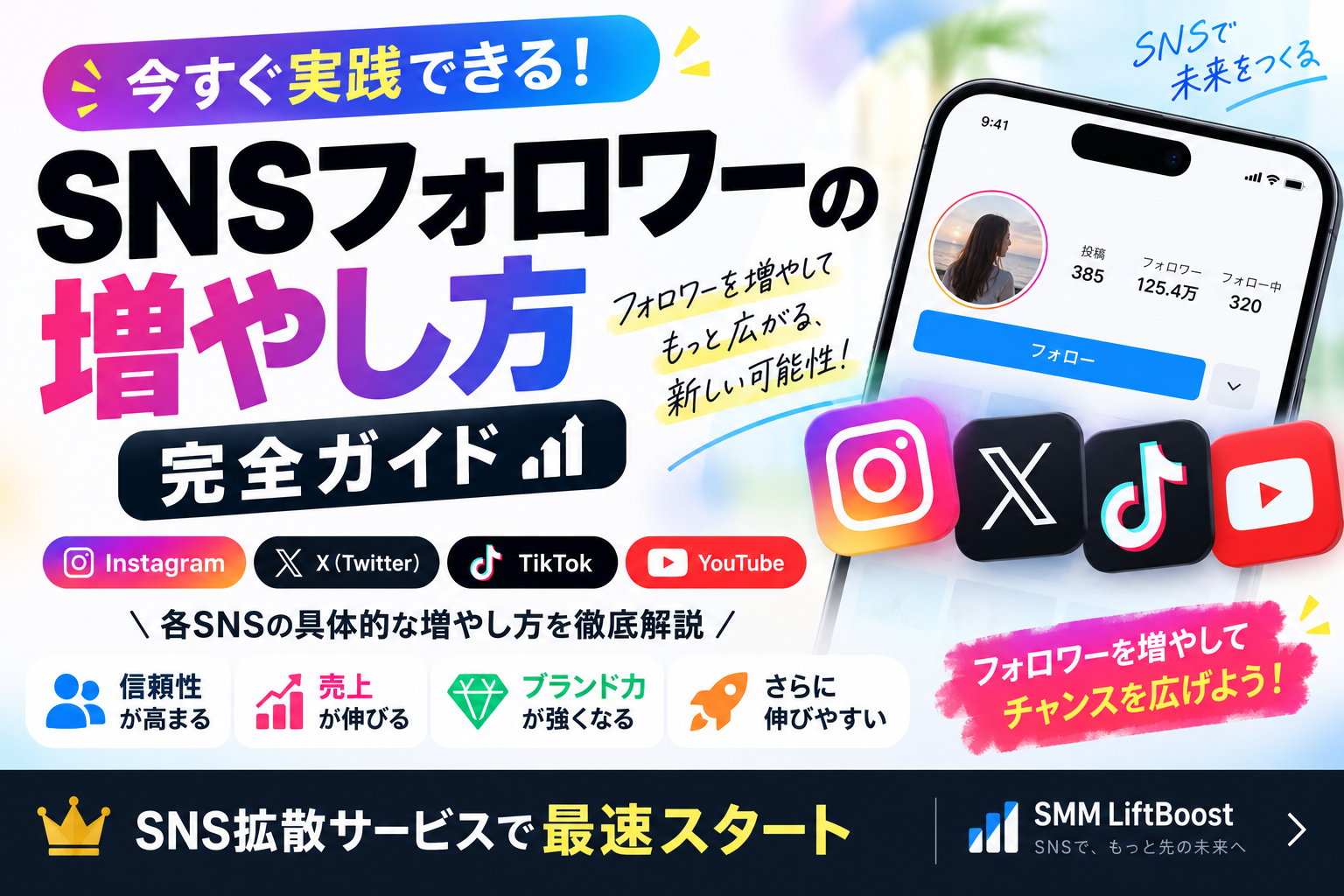 SNSフォロワーの増やし方 完全ガイド｜フォロワー爆増テクニック・SNS別攻略法・最速のテクニック5選を解説するサムネイル画像