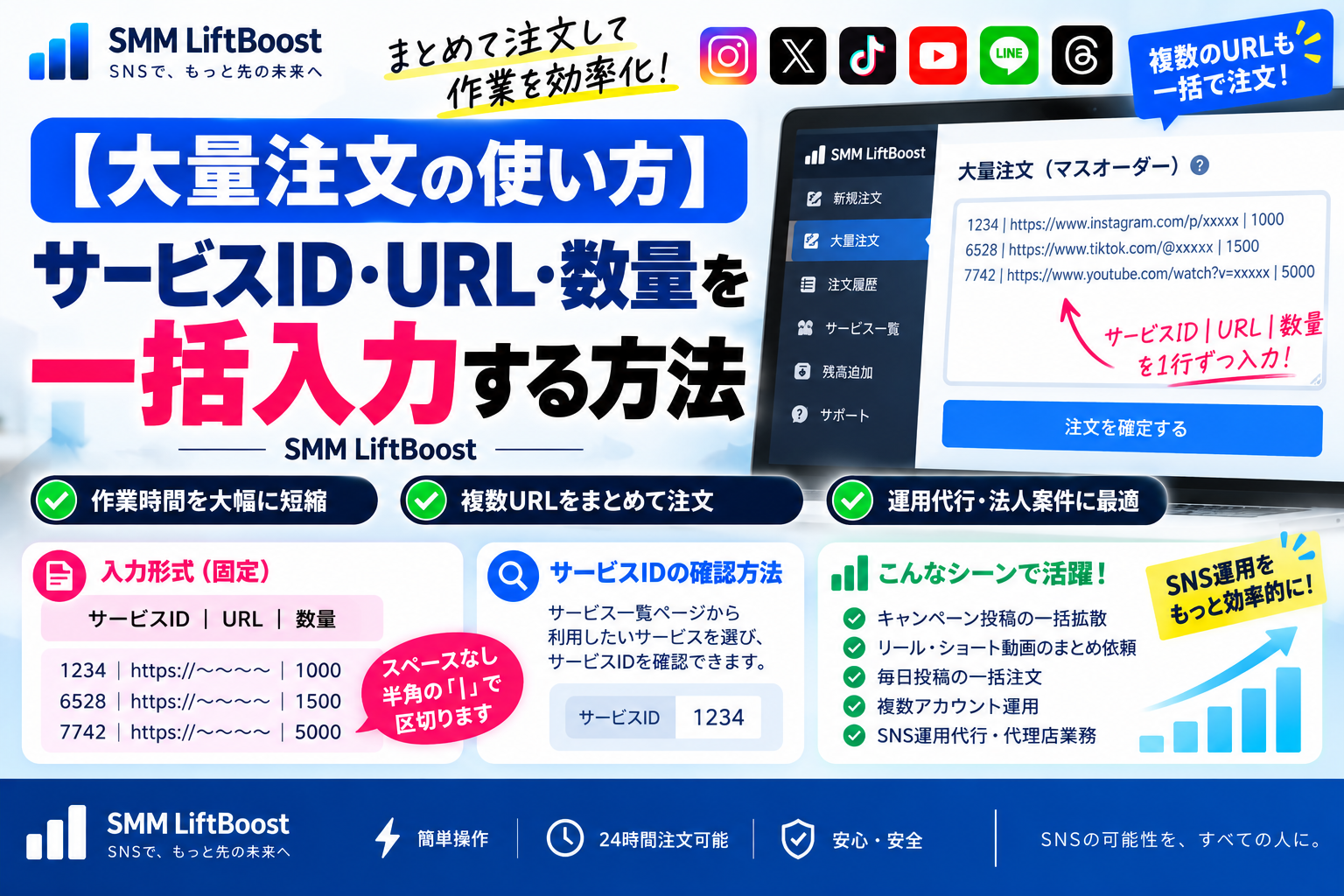大量注文の使い方｜サービスID・URL・数量を一括入力する手順ガイド｜SMM LiftBoost