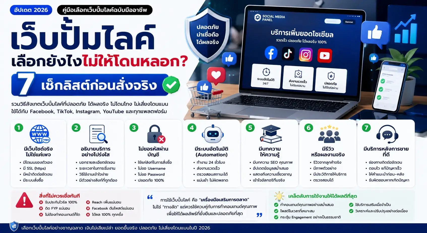 เว็บปั้มไลค์เลือกยังไงไม่ให้โดนหลอก? 7 เช็กลิสต์เลือกเว็บปั้มไลค์ที่ปลอดภัย น่าเชื่อถือ และเห็นผลจริง ปี 2026