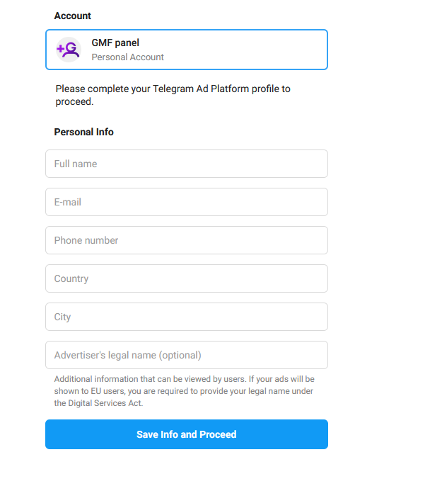 Telegram Ads account profile setup form