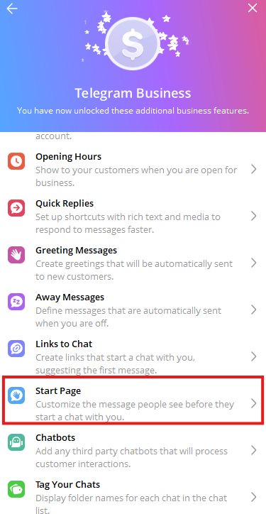Telegram Business start page settings