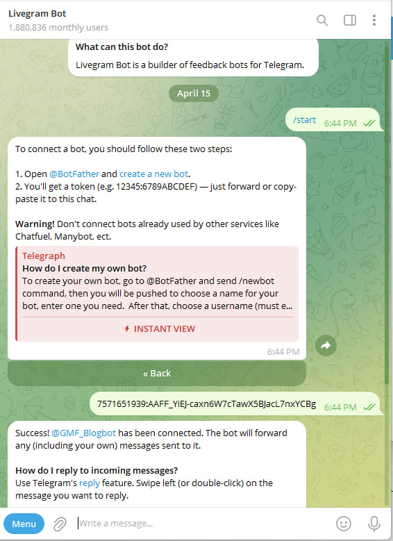 Telegram bot successfully created via BotFather