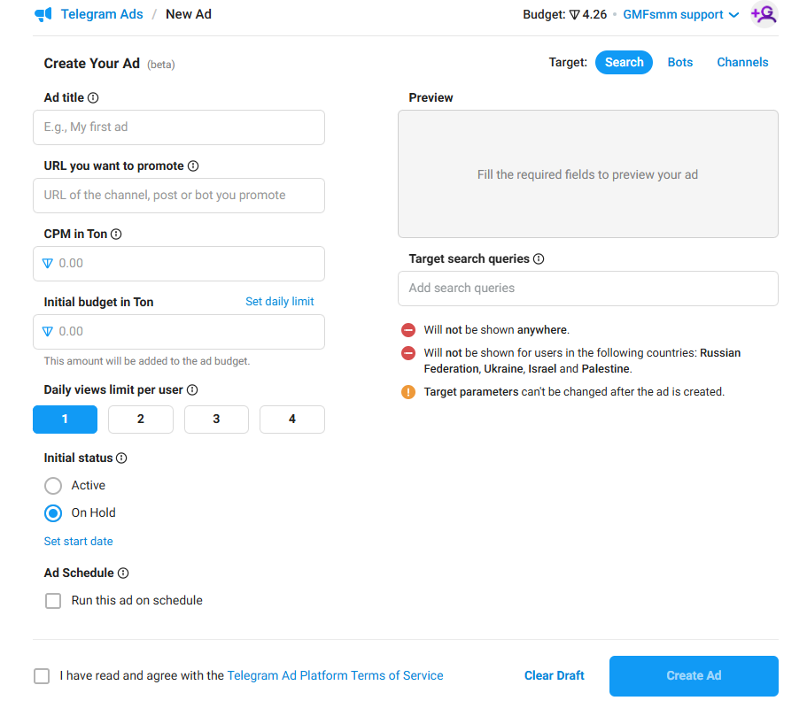Creating a Telegram search advertisement
