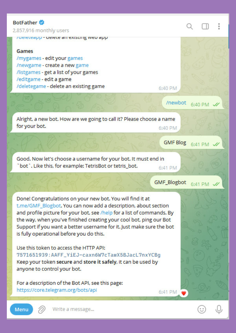 Creating a new bot with /newbot in Telegram BotFather