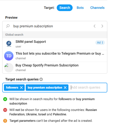 Telegram search keywords targeting interface