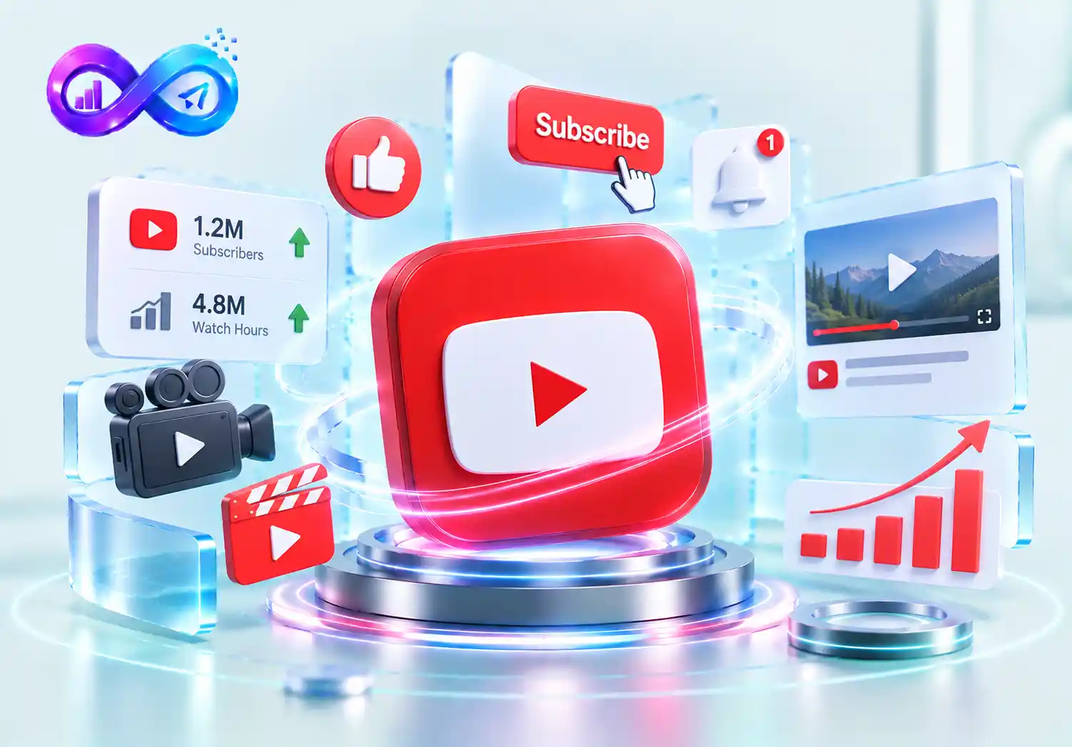 YouTube SMM panel illustration showing subscribers, watch hours, video engagement, channel growth, and analytics.