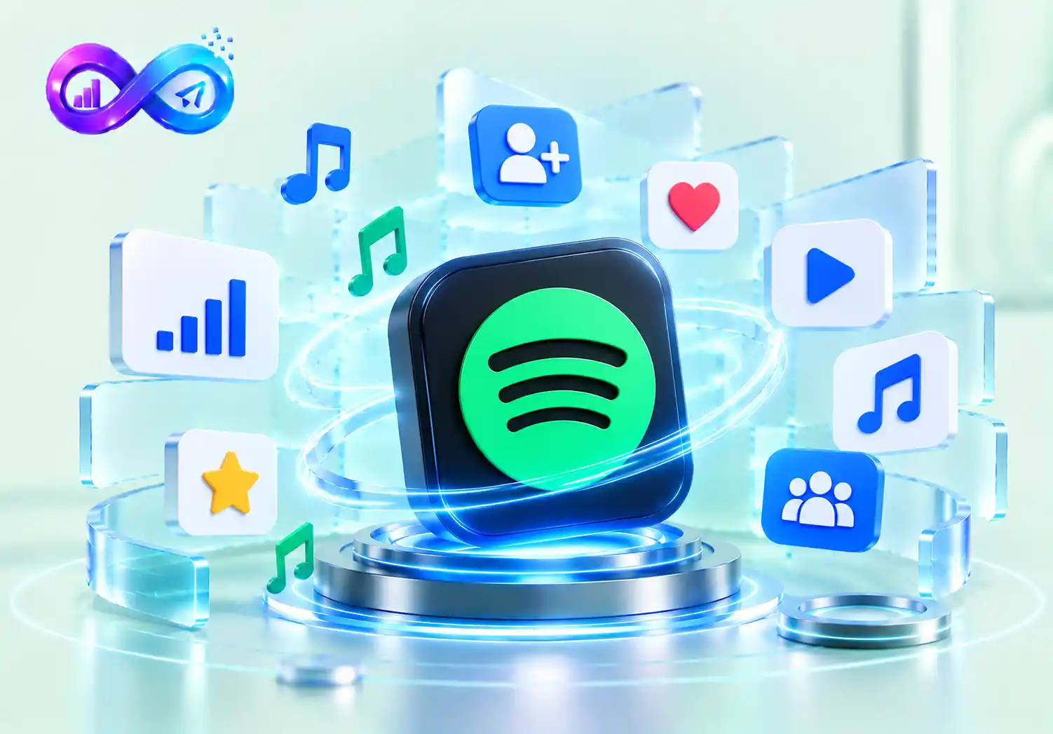 Spotify SMM panel illustration showing track plays, artist followers, playlist activity, saves, and monthly listeners.