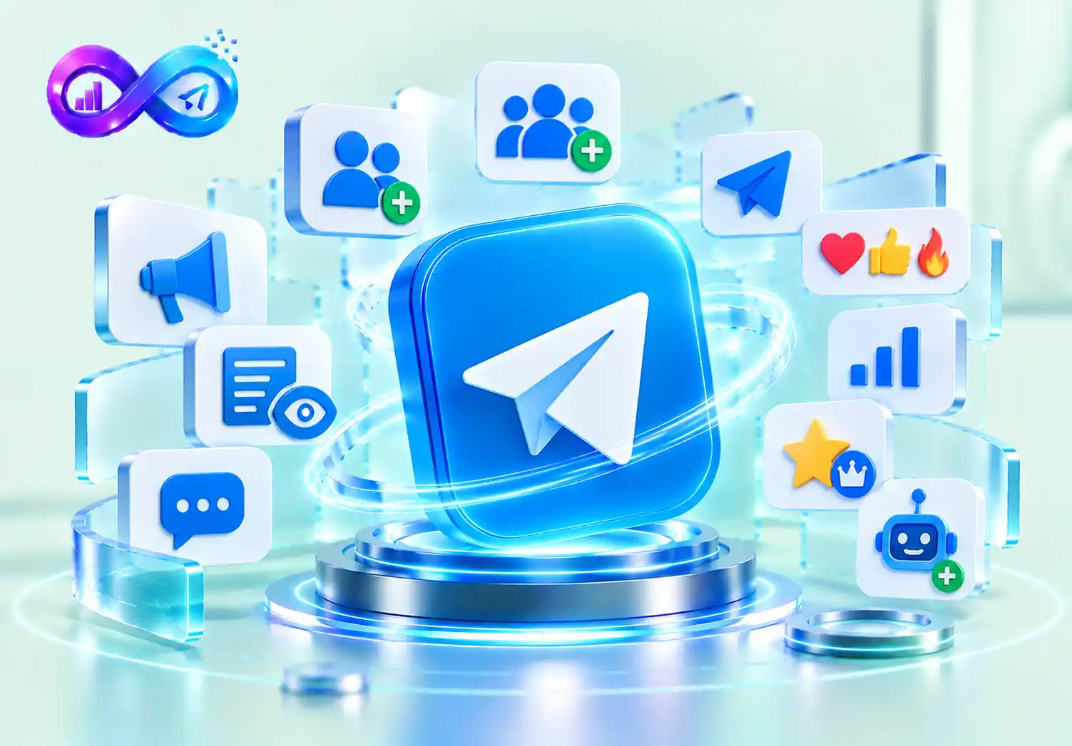 Telegram SMM panel illustration showing channel subscribers, group members, post views, reactions, comments, and bot activity.