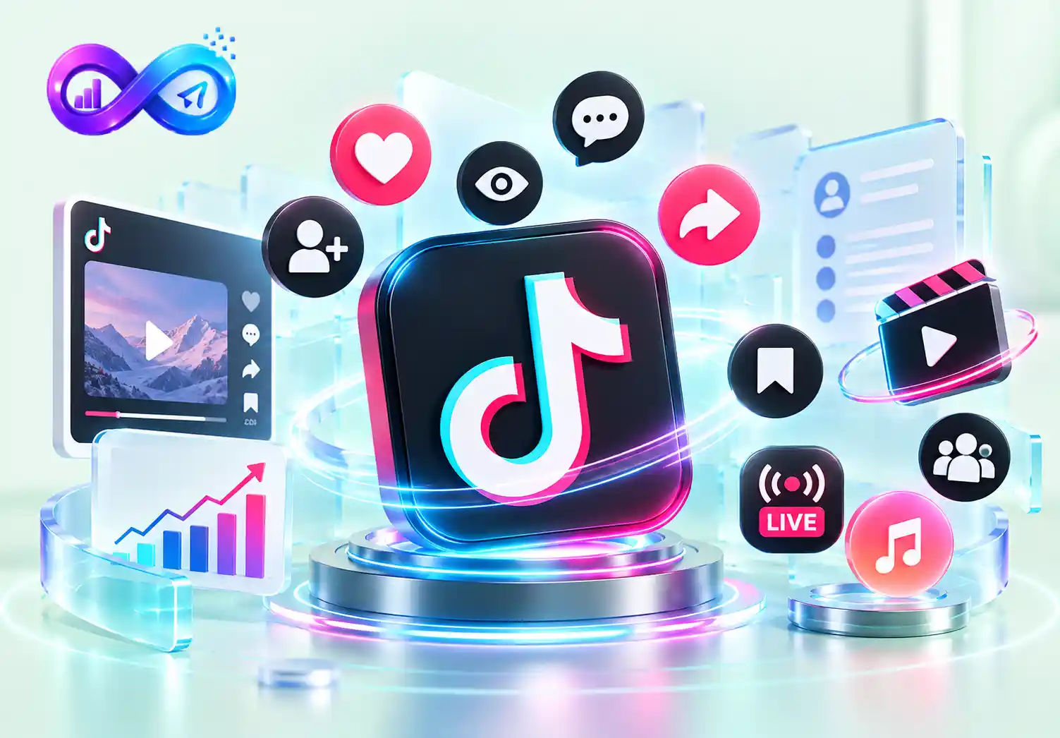 TikTok SMM panel illustration showing video views, followers, likes, comments, shares, saves, and live engagement.