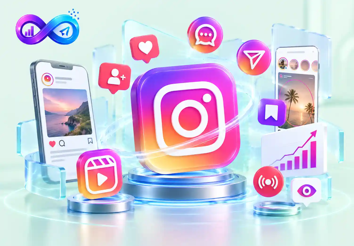 Instagram SMM panel illustration showing followers, likes, Reel views, comments, shares, saves, and engagement.