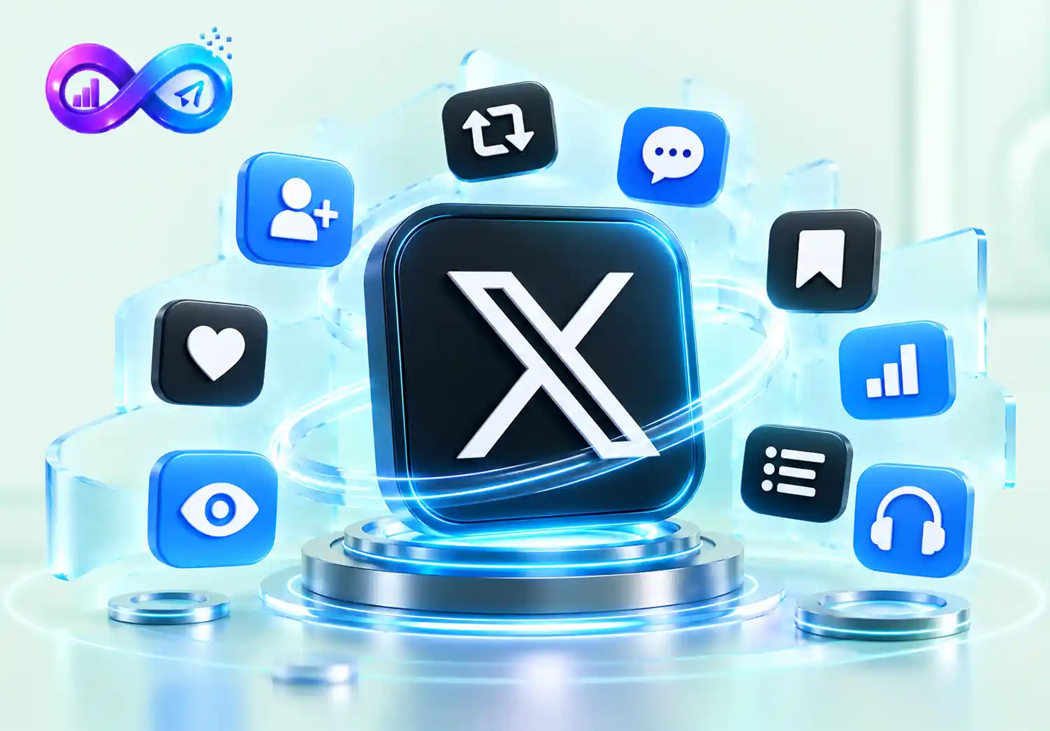 X SMM panel illustration showing followers, post likes, reposts, replies, impressions, bookmarks, and engagement.