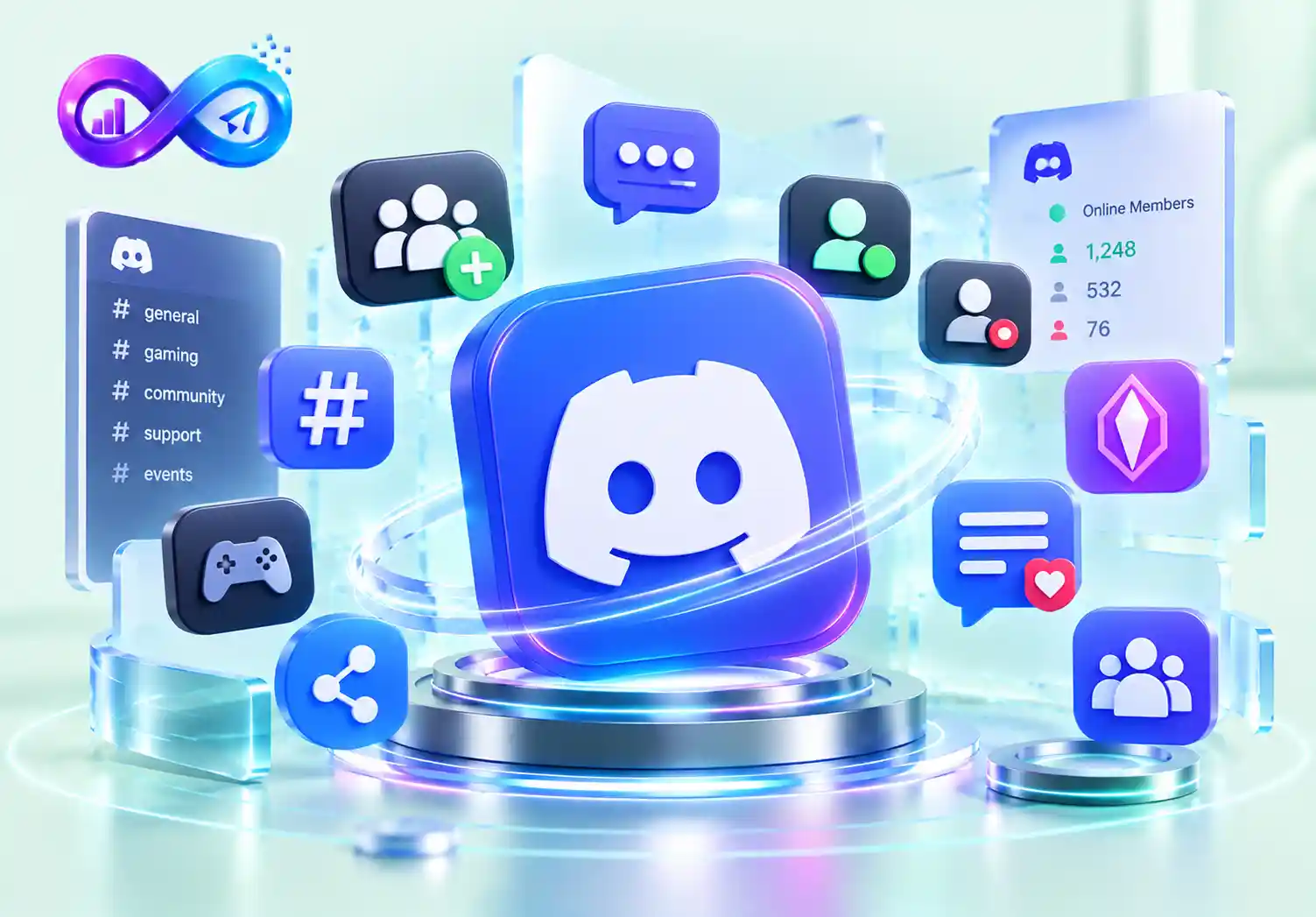 Discord SMM panel illustration showing server members, online activity, reactions, boosts, and community engagement.