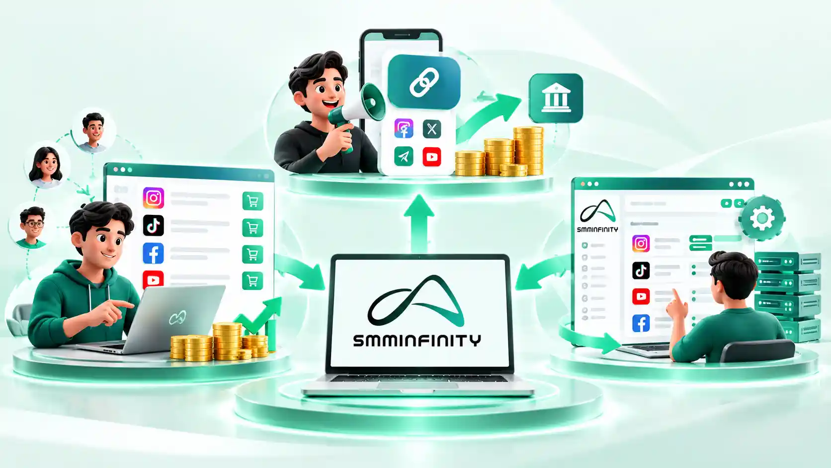 Smminfinity reseller, affiliate, and child panel illustration showing client reselling, referral earnings, and branded panel management.