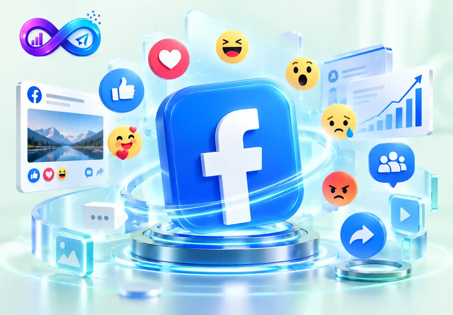 Facebook SMM panel illustration showing followers, reactions, post engagement, shares, views, and audience growth.