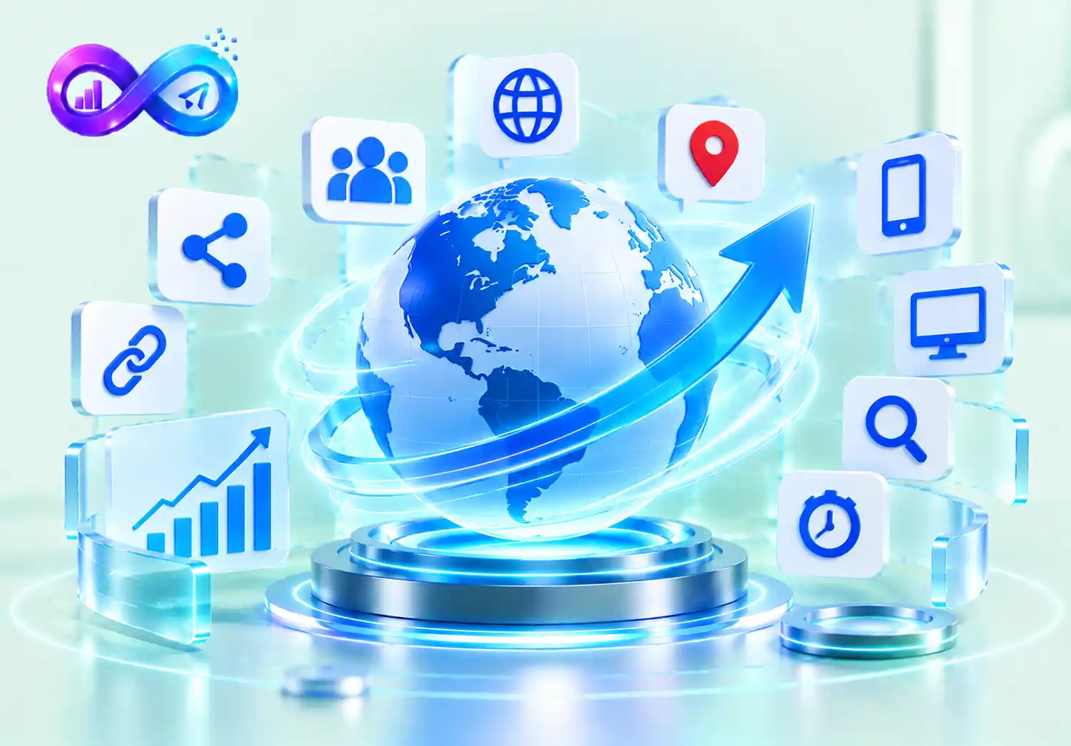 Website traffic services illustration showing worldwide visitors, targeted traffic, referral sources, and website analytics.