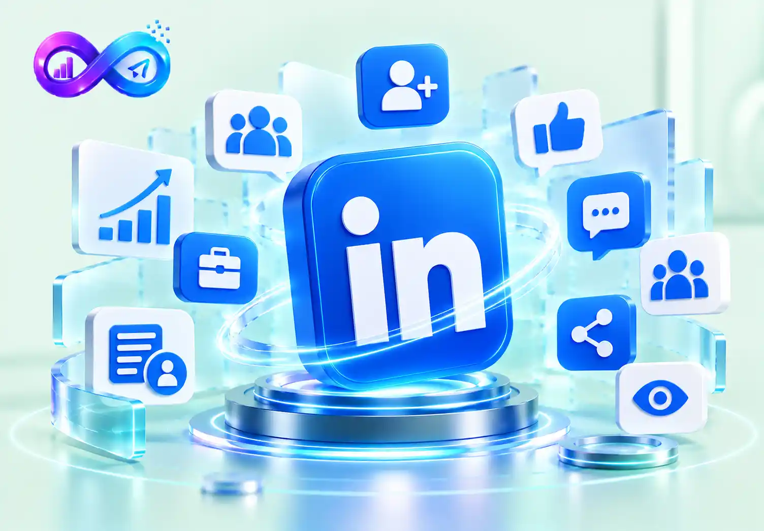 LinkedIn SMM panel illustration showing profile followers, connections, post reactions, comments, shares, and impressions.