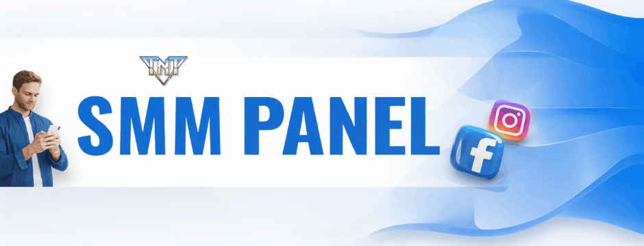 SMM panel banner showing social media marketing dashboard concept with Instagram and Facebook icons representing social media growth services