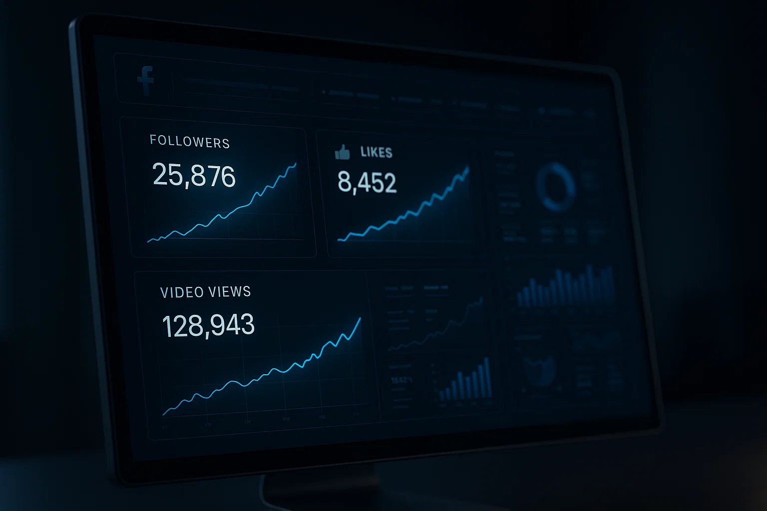 A photorealistic 4k image of a futuristic digital dashboard on a sleek computer screen, viewed from a slight angle. The interface is in a professional dark mode, displaying glowing blue and white charts, graphs, and data visualizations. The charts clearly show upward trends for metrics labeled 'Followers,' 'Likes,' and 'Video Views.' The Facebook logo and 'like' icon are subtly integrated into the UI. The overall mood is strategic, controlled, and data-driven, illustrating the concept of successful social media growth. Cinematic lighting, hyperdetailed UI/UX elements, soft depth of field.