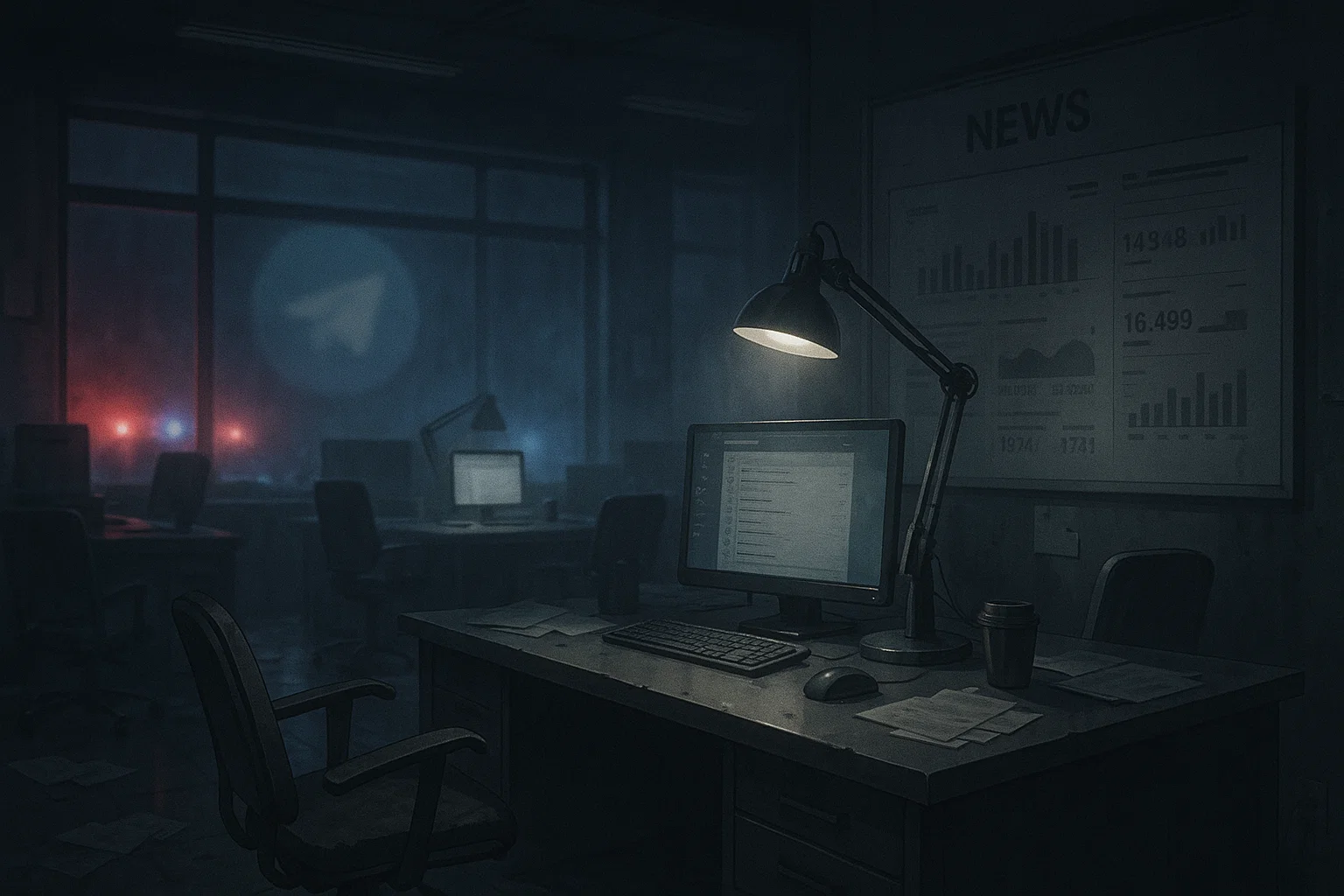 Dimly lit newsroom with Telegram logo on glass, glowing computer screens, and police lights outside — capturing the moment before a digital media raid in Russia.