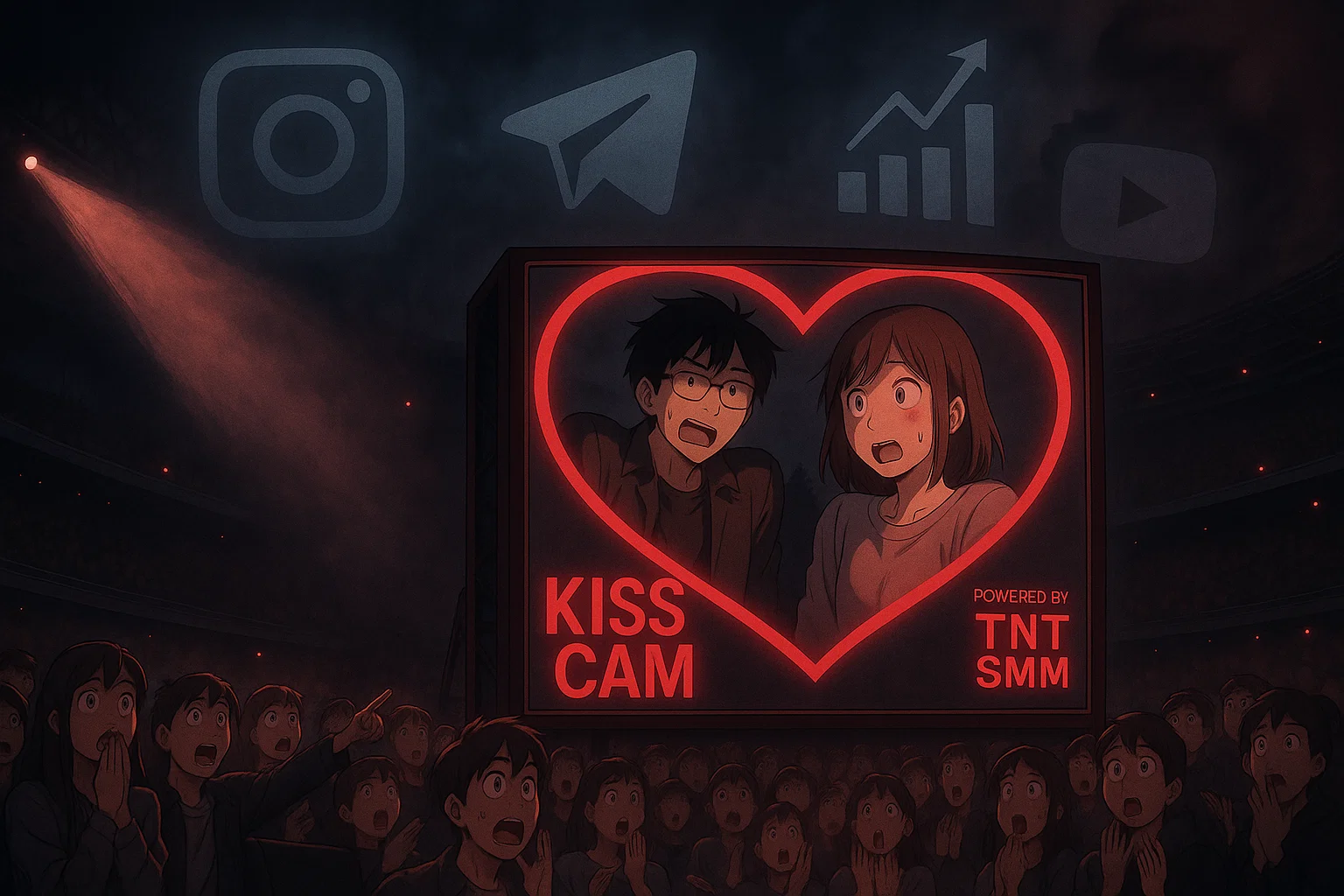 An anime-style digital illustration of a concert kiss-cam moment with a nervous couple on a big screen, symbolizing social media pressure, with TNT SMM branding subtly placed in the design.