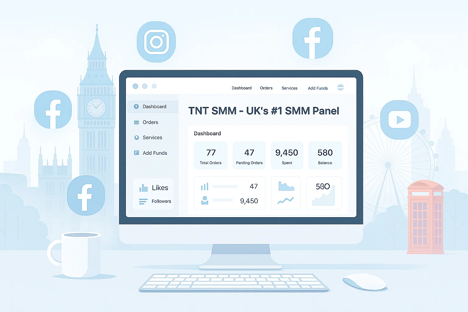 UK’s SMM Revolution: Why Smart Marketers Are Switching to British Panels in 2025 TNT SMM dashboard interface displayed on a computer screen with statistics like total orders, pending orders, amount spent, and balance. Background features iconic UK elements like Big Ben, the London Eye, and red telephone booth, along with floating social media logos including Facebook, Instagram, and YouTube.