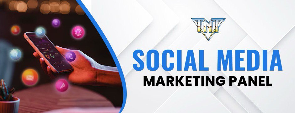 TNT SMM social media marketing panel banner showing smartphone with Instagram, Facebook, YouTube icons for local business promotion and online growth.