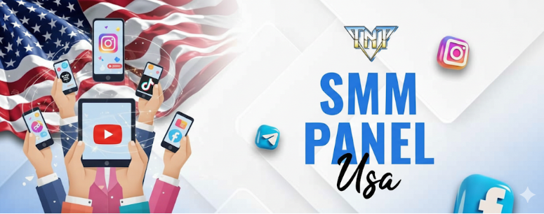 TNT SMM Panel USA banner featuring social media icons like Instagram, YouTube, TikTok, Telegram, and Facebook with an American flag background, representing structured social media marketing services in the United States.