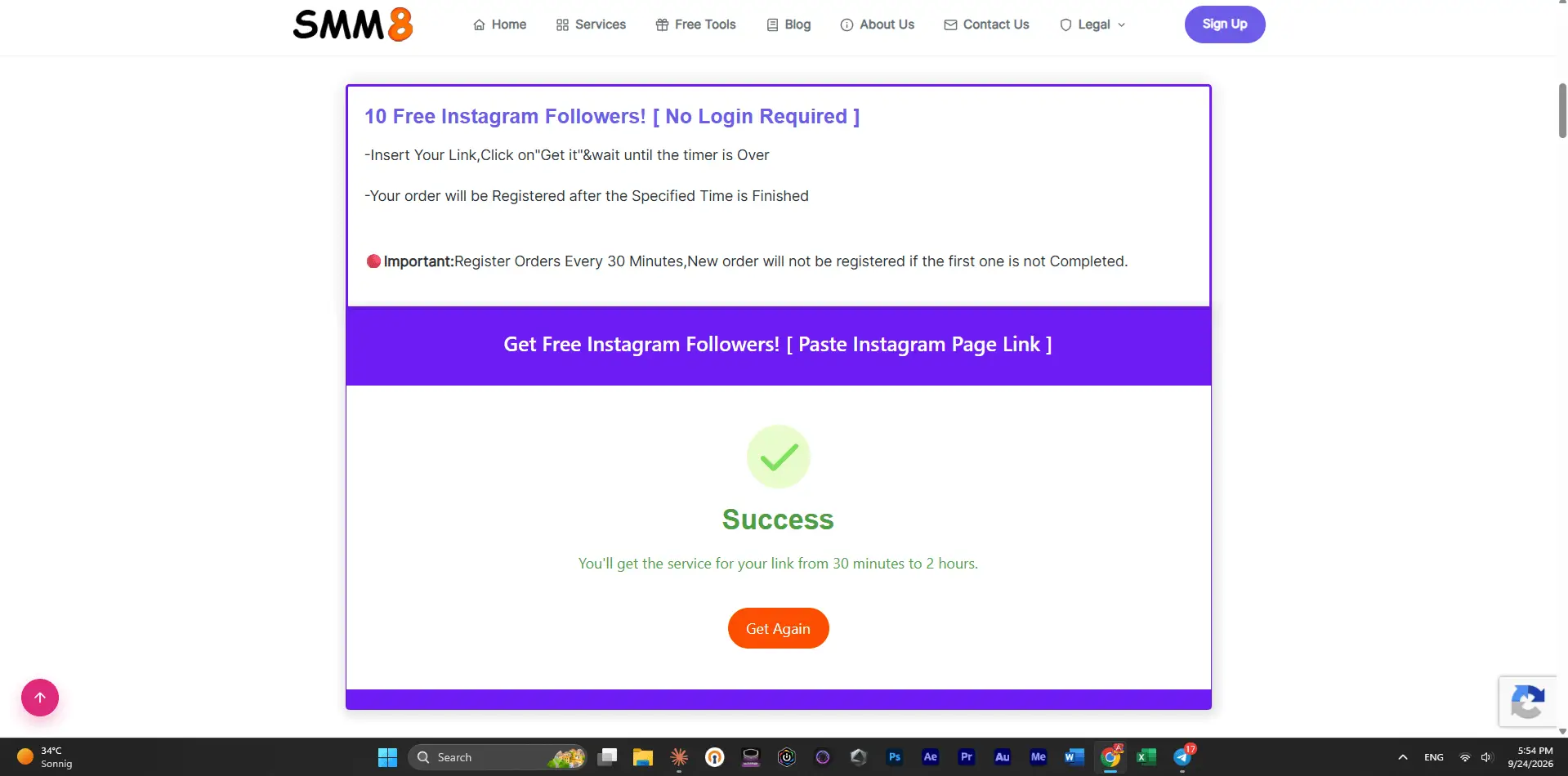 SMM8 free Instagram followers tool showing a Success message after the timer finished, 5:54 PM