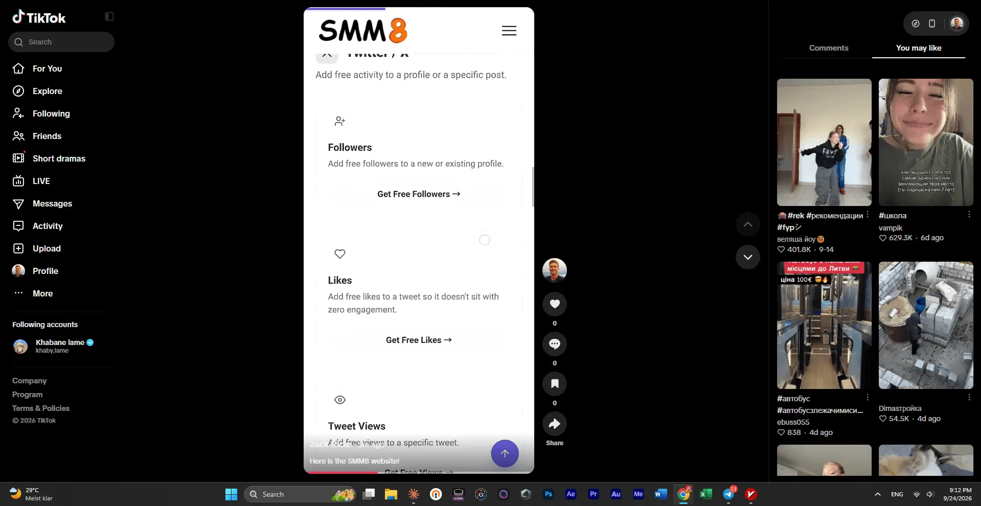 TikTok video with 0 likes before using the SMM8 free TikTok likes tool, 9:12 PM