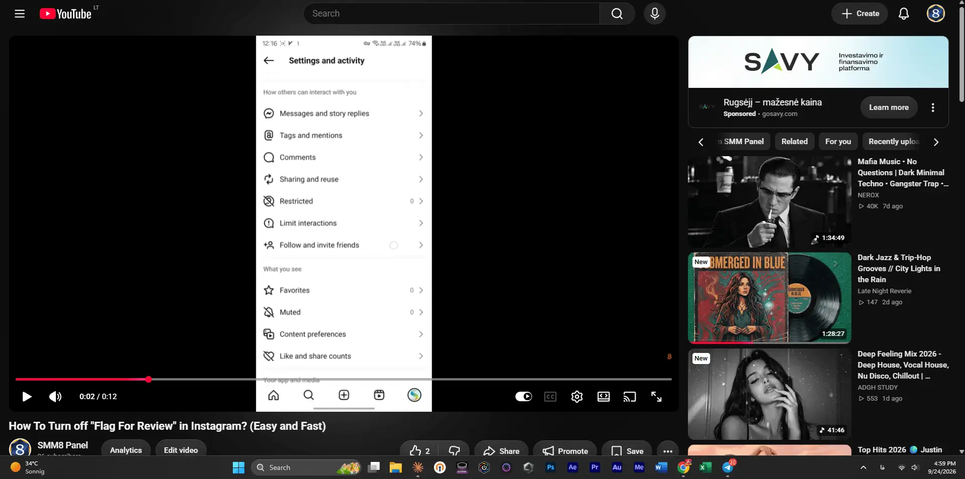 YouTube video with 2 likes before using the SMM8 free YouTube likes tool, 4:59 PM
