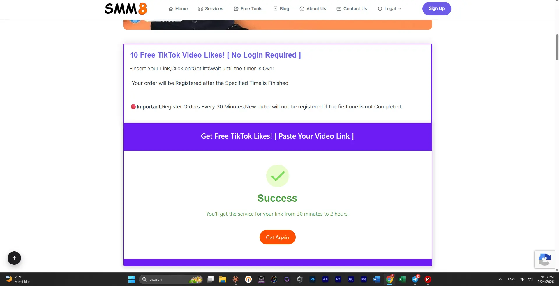 SMM8 free TikTok likes tool showing a Success message after the timer finished, 9:13 PM