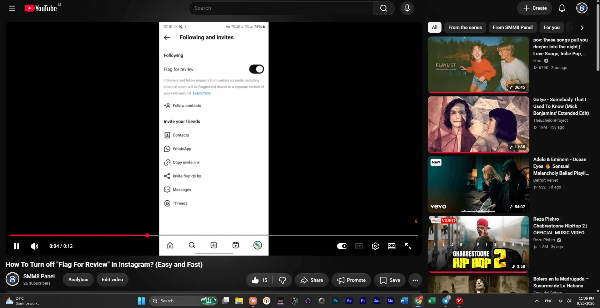 Same YouTube video still showing 15 likes 24 hours after the free order, 11:36 PM on Sep 25
