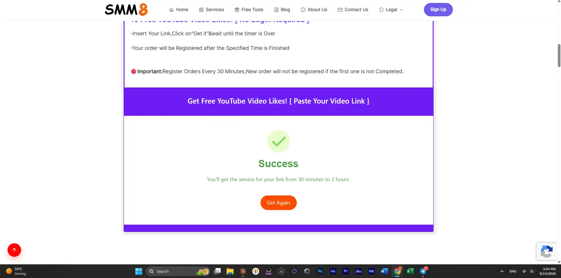 SMM8 free YouTube likes tool showing a Success message after the timer finished, 5:04 PM