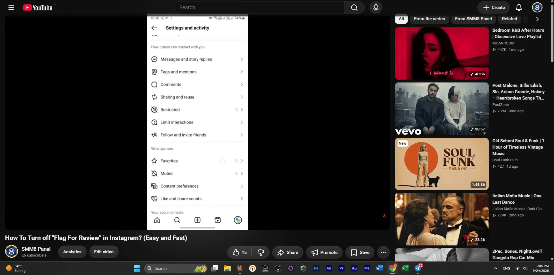 Same YouTube video showing 15 likes two minutes after the free order, 5:06 PM