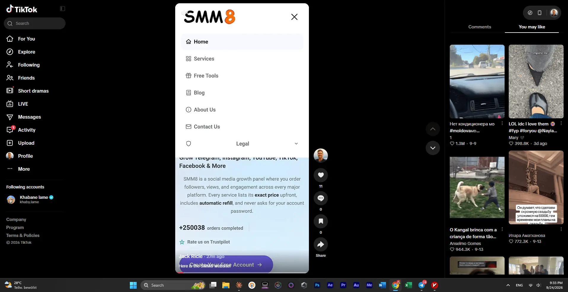 Same TikTok video showing 11 likes after the free order, 9:33 PM