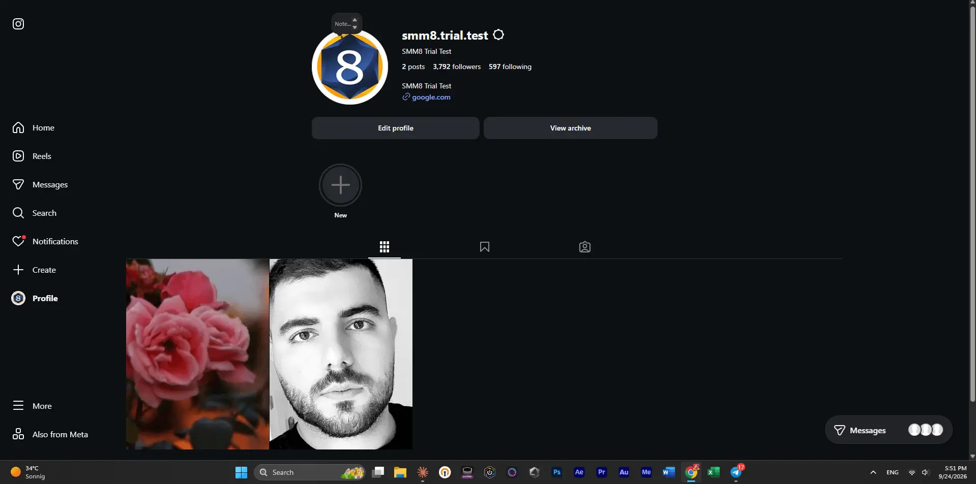 Instagram test account @smm8.trial.test with 3,792 followers before using the SMM8 free Instagram followers tool, 5:51 PM