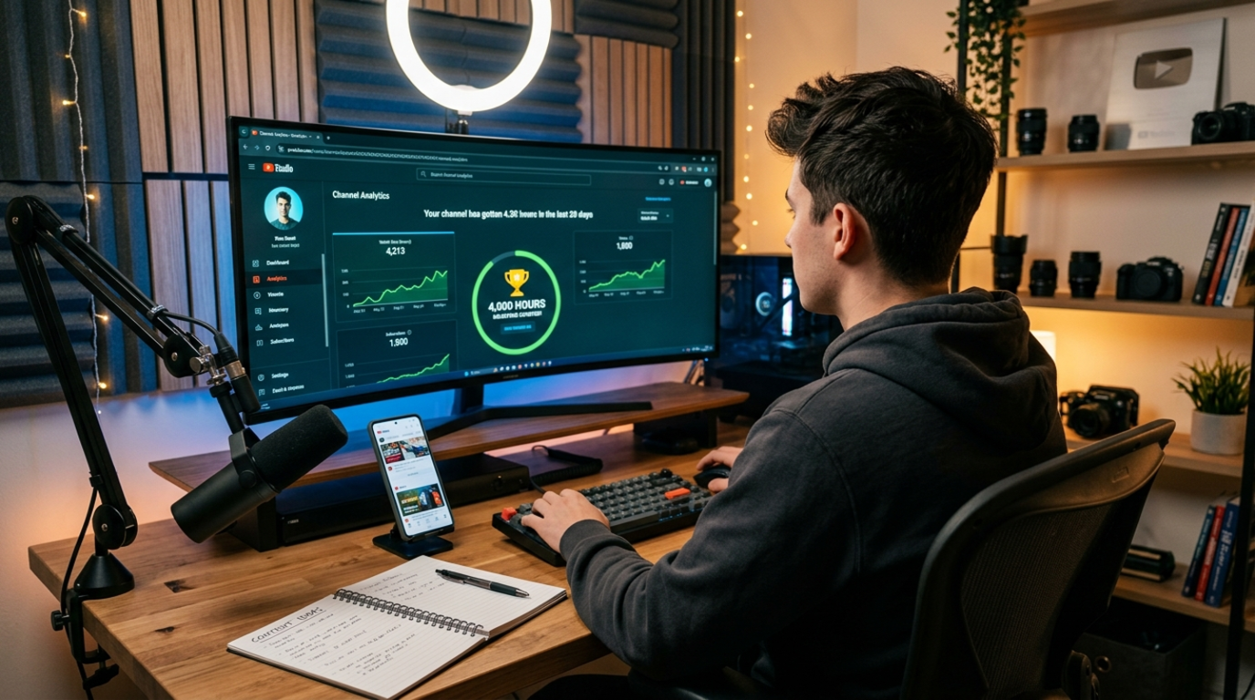 Content creator's desk with YouTube Studio analytics showing watch time and subscriber growth metrics — featured image for the best SMM panel for YouTube guide covering views, subscribers, and watch time strategies in 2026.