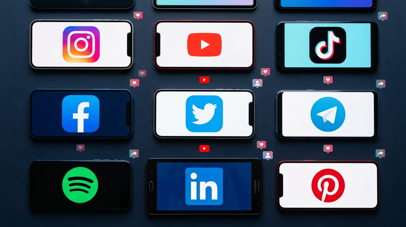 Multiple smartphone screens displaying social media app icons including Instagram YouTube TikTok Facebook and Spotify arranged on a desk — featured image for the complete SMM panel services guide explaining every service type available in 2026.