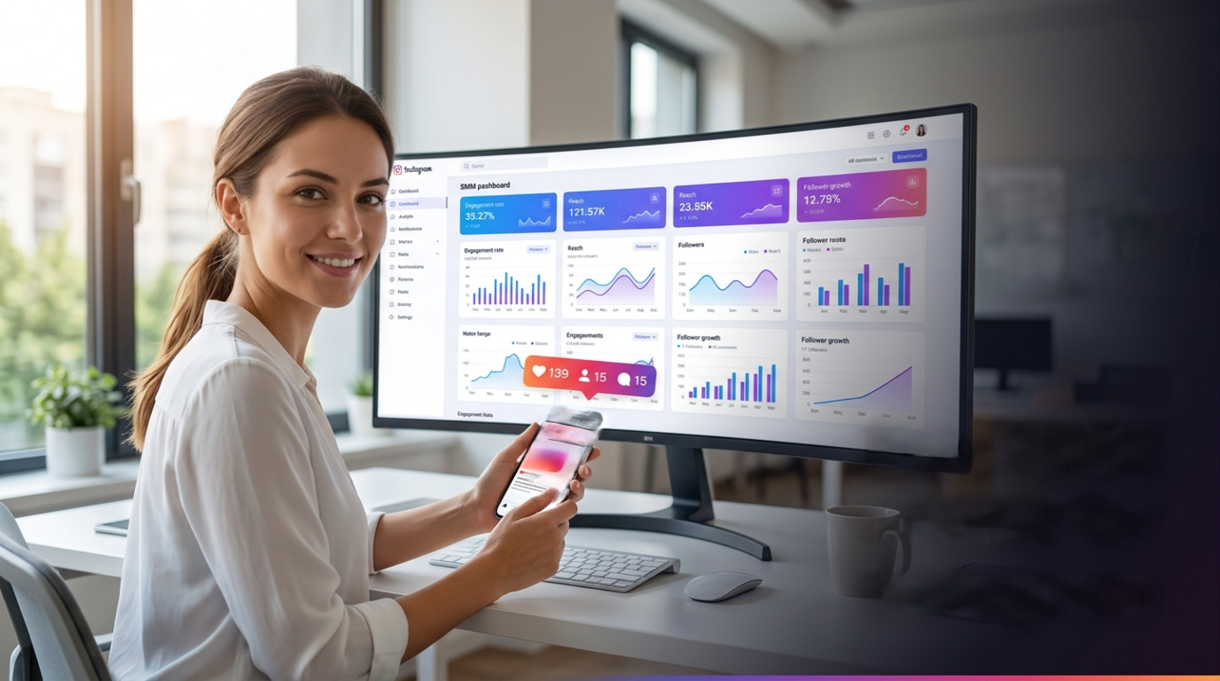 A woman reviewing Instagram engagement metrics on her smartphone while an SMM panel dashboard with analytics charts is displayed on the monitor behind her — featured image for the Best SMM Panel for Instagram buyer's guide.