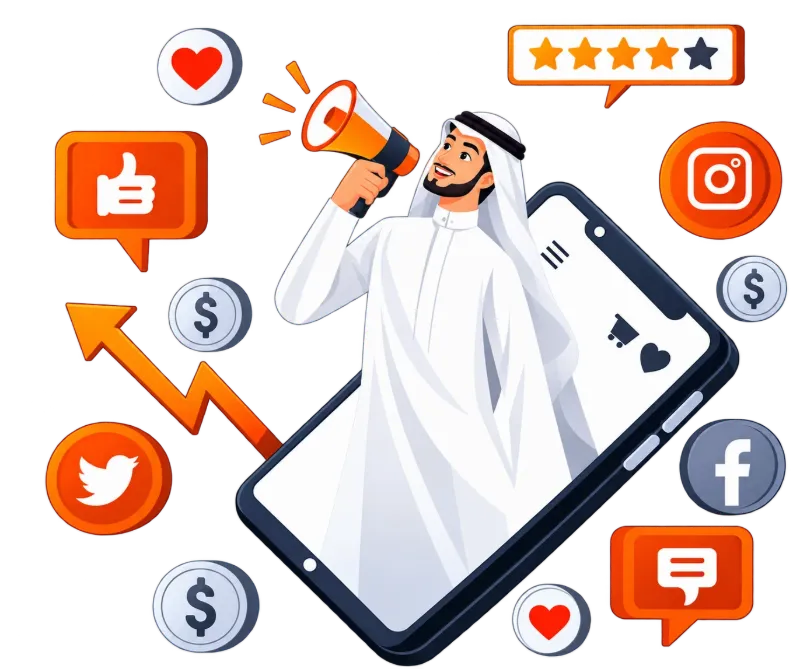 شاب خليجي مع هاتف ورموز التواصل يوضح خدمات متابعين انستجرام وتيك توك من 20Follow