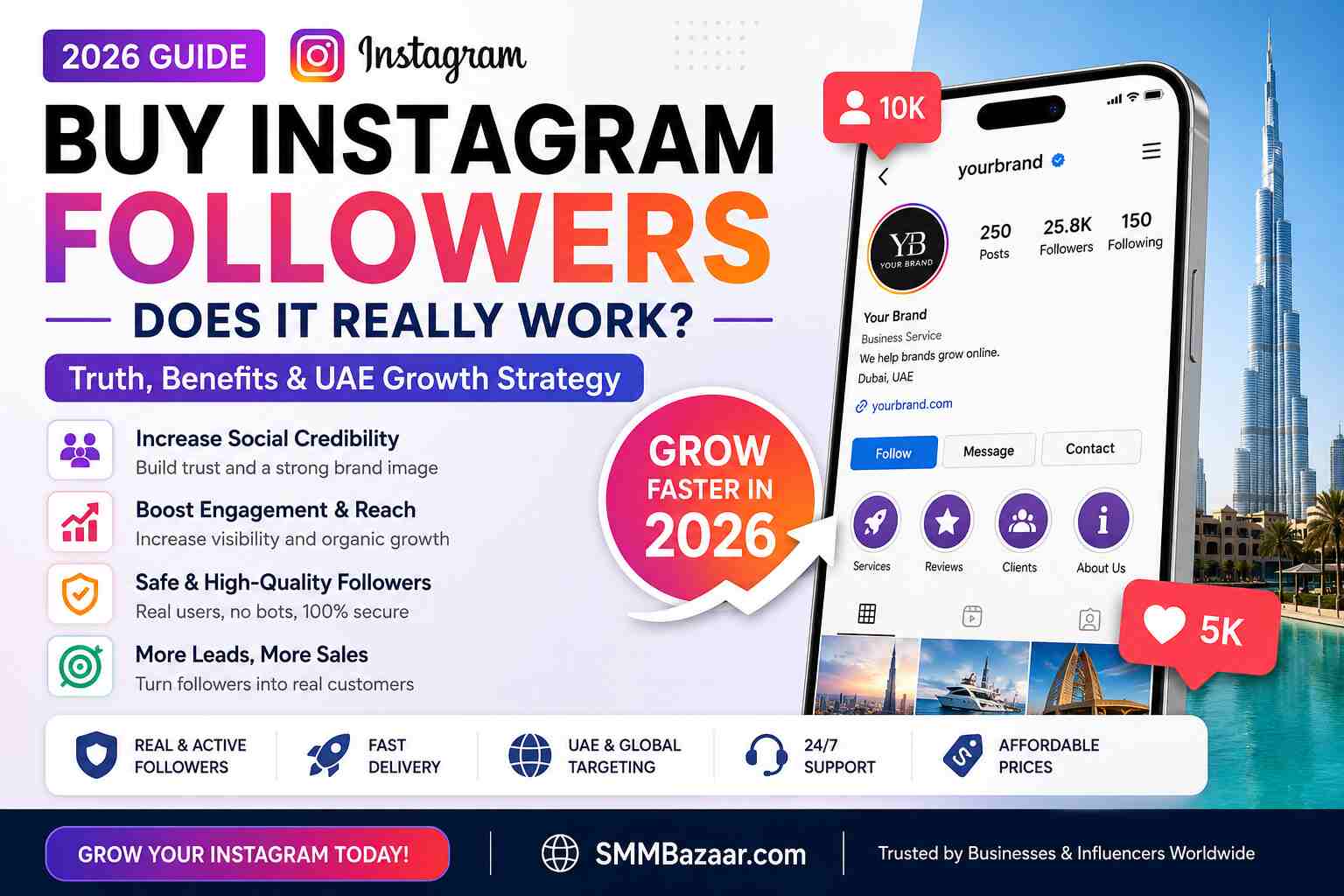 Buy Instagram Followers in 2026 UAE guide showing social media growth strategy, engagement increase, and digital marketing concept for businesses and influencers in Dubai