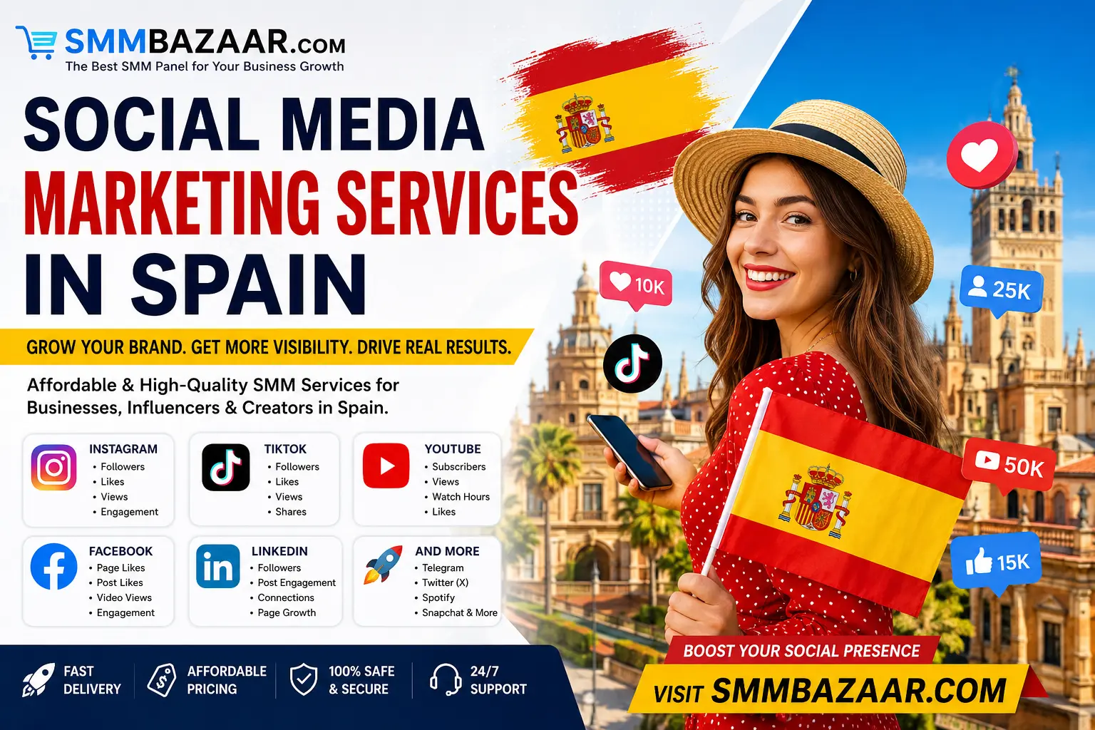 Best Social Media Marketing Services in Spain for Instagram TikTok YouTube Growth by SMMBazaar.com