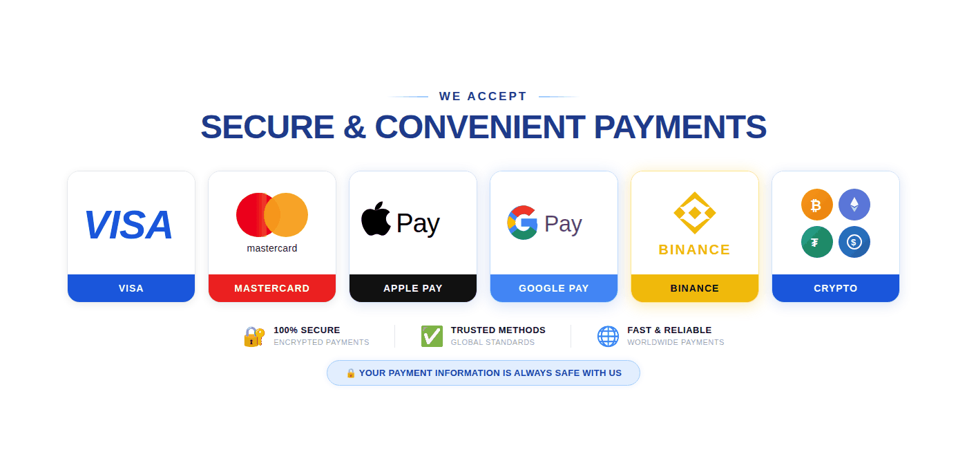 **SEO Image Alt Text:** Online payment methods banner featuring Visa, Mastercard, Apple, Google, and Binance with secure payment icons for eCommerce, online checkout, and trusted global transactions.
