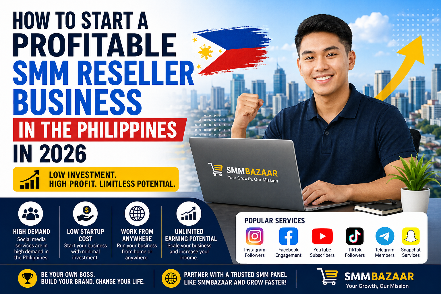Filipino entrepreneur starting a profitable social media marketing reseller business in 2026 with SMMBazaar , featuring Instagram, Facebook, YouTube, TikTok, and Telegram growth services in the Philippines.
