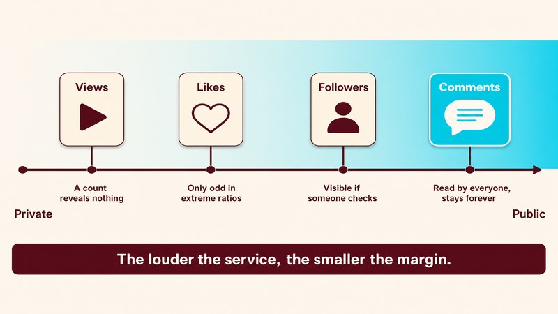 How visible each social metric is to an ordinary visitor — FastGrow delivers social media services for creators choosing between quiet and public services