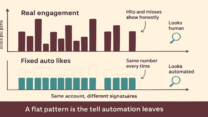 How a fixed auto-like pattern looks automated next to natural varying engagement — FastGrow delivers social media services for creators weighing automation