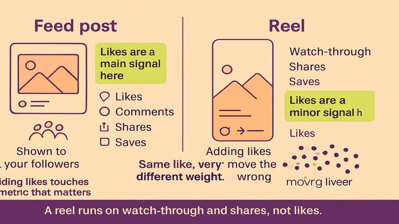 How a like is a main signal on a feed post but a minor one on a reel driven by watch-through and shares — FastGrow delivers Instagram reel services
